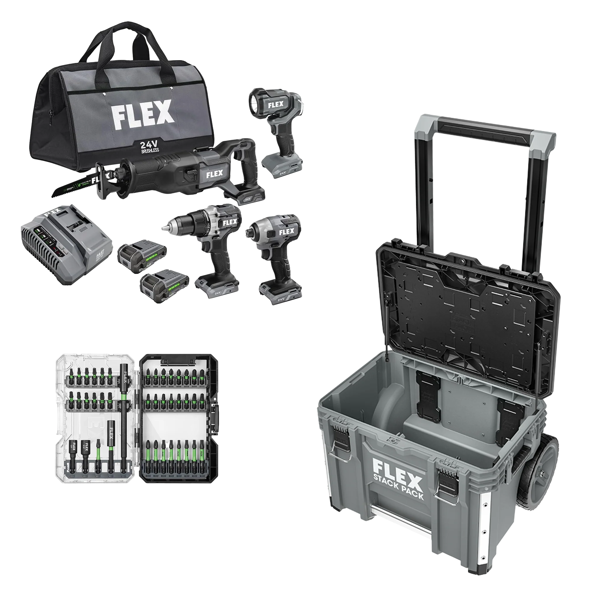 Luxury FLEX 24V 4-Tool Combo Kit 41-Pc. Impact Driver Bit Set Stack Pack™ Rolling Tool Box User-Friendly