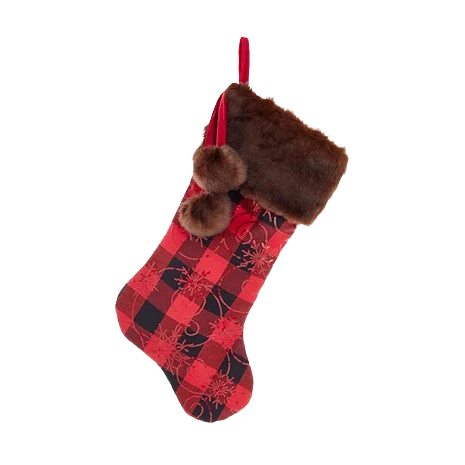 Elegant Kurt S. Adler Buffalo Plaid Sequin Stocking with Brown Faux Fur Cuff Pom-Poms 20.5 in. Smart