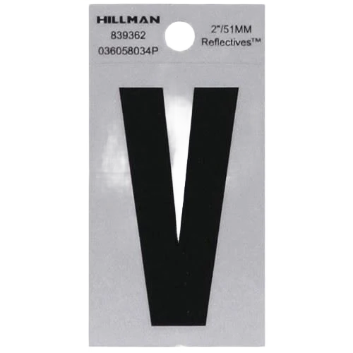 Easy-to-Use Hillman 2 in. Black Silver Reflective Mylar Square Cut Sticker Letter V Artisan