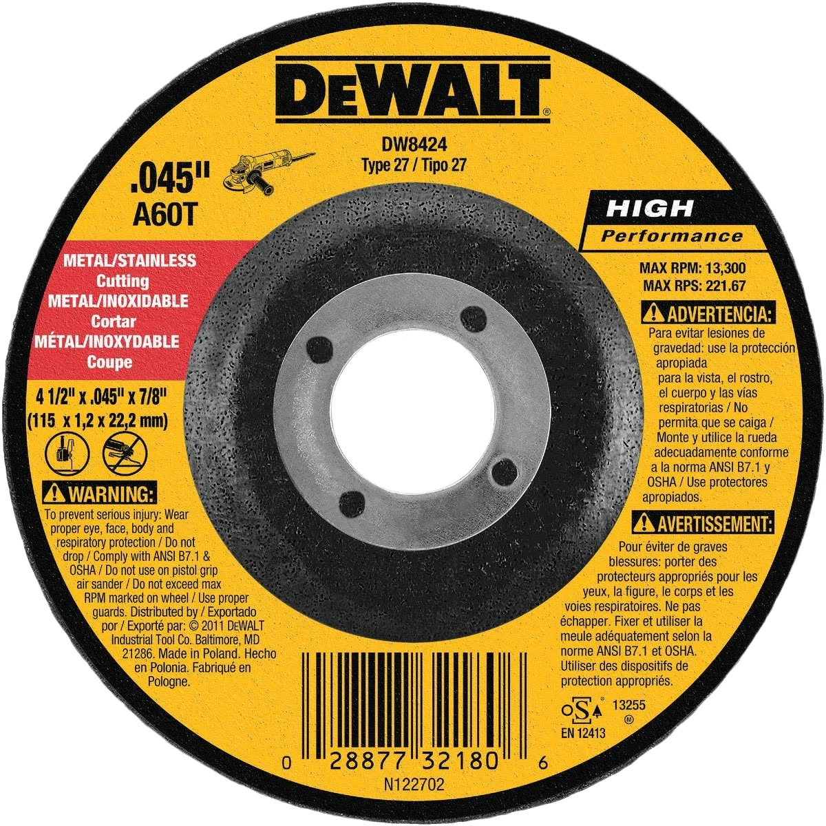 Easy-to-Use DEWALT 4.5 x .045 x 7 8 High Performance Cutting Wheel Eco-Friendly