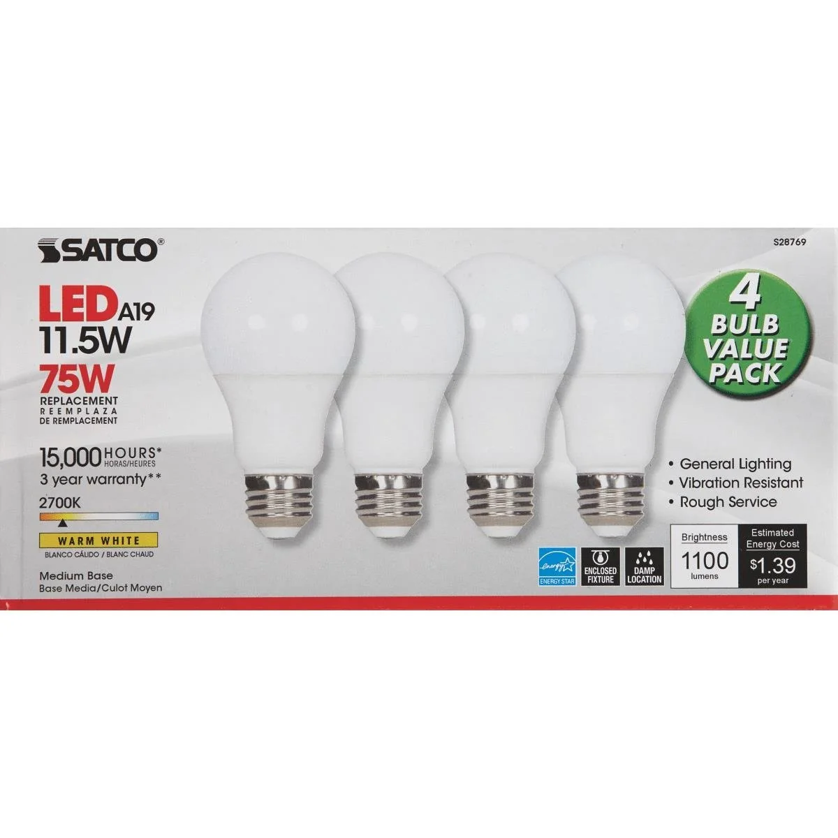 Flexible Satco 11.5 Watt A19 LED 2700K 4-Pack Modern