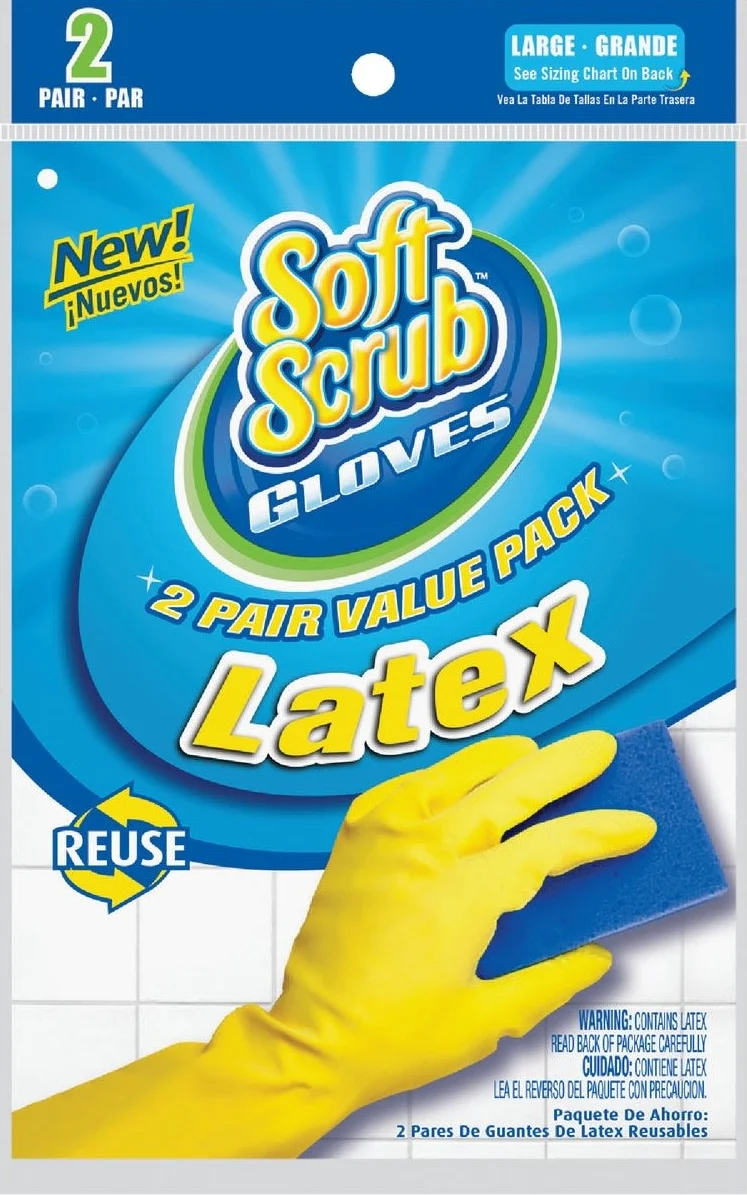 Powerful Soft Scrub Large Yellow Latex Rubber Gloves 2-Pack Fast