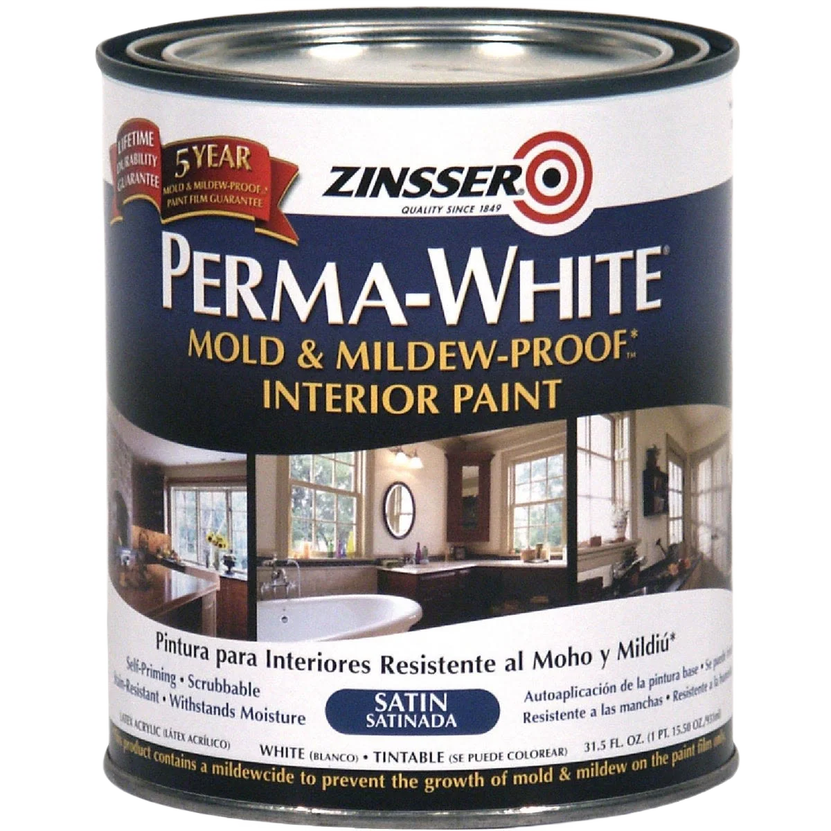 Top-Quality Zinsser Perma-White White Tintable Mold Mildew-Proof Paint 1 Quart Clean