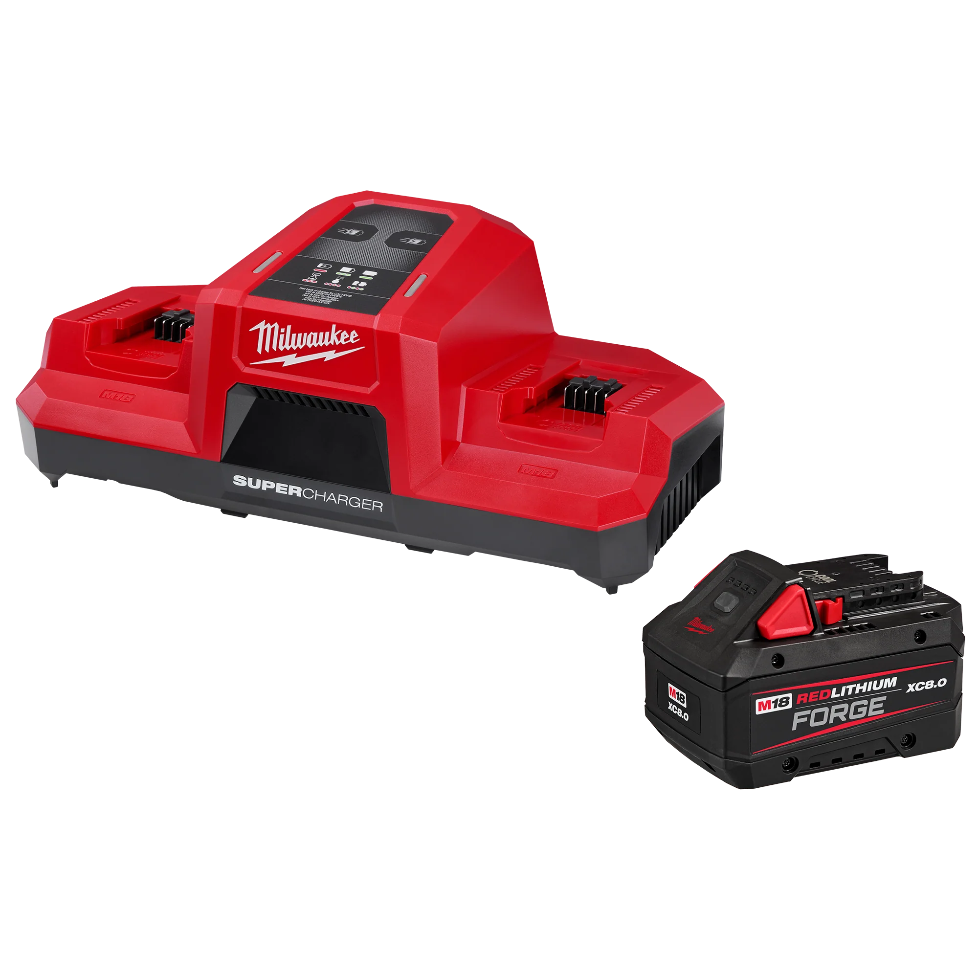 Genuine Milwaukee M18 18V Lithium-Ion REDLITHIUM FORGE 8.0 Ah Battery Pack with M18 18V Dual Bay Simultaneous Super Charger Refined
