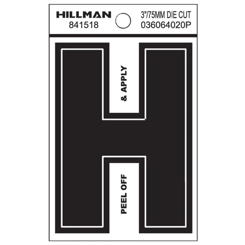 Expertly Made Hillman 3 in. Black Vinyl Die Cut Peel Off Sticker Letter H World-Class