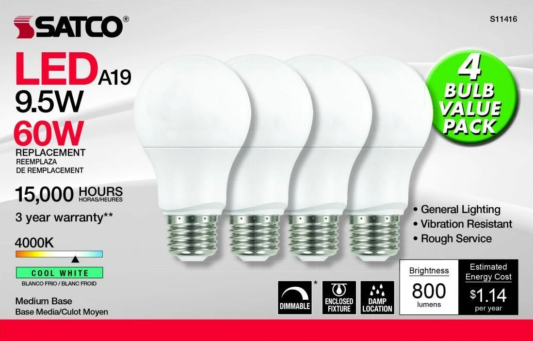 Flexible Satco 9.5 Watt A19 LED Dimmable Medium Base Light Bulb 4-Pack User-Friendly