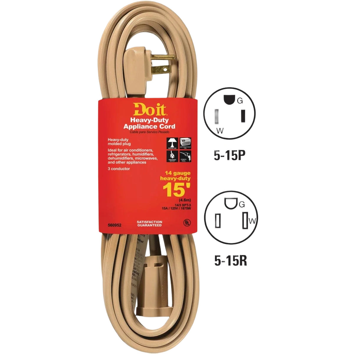 Convenient Do it Beige 14 3 15A Heavy-Duty Appliance Cord 15 ft. Secure