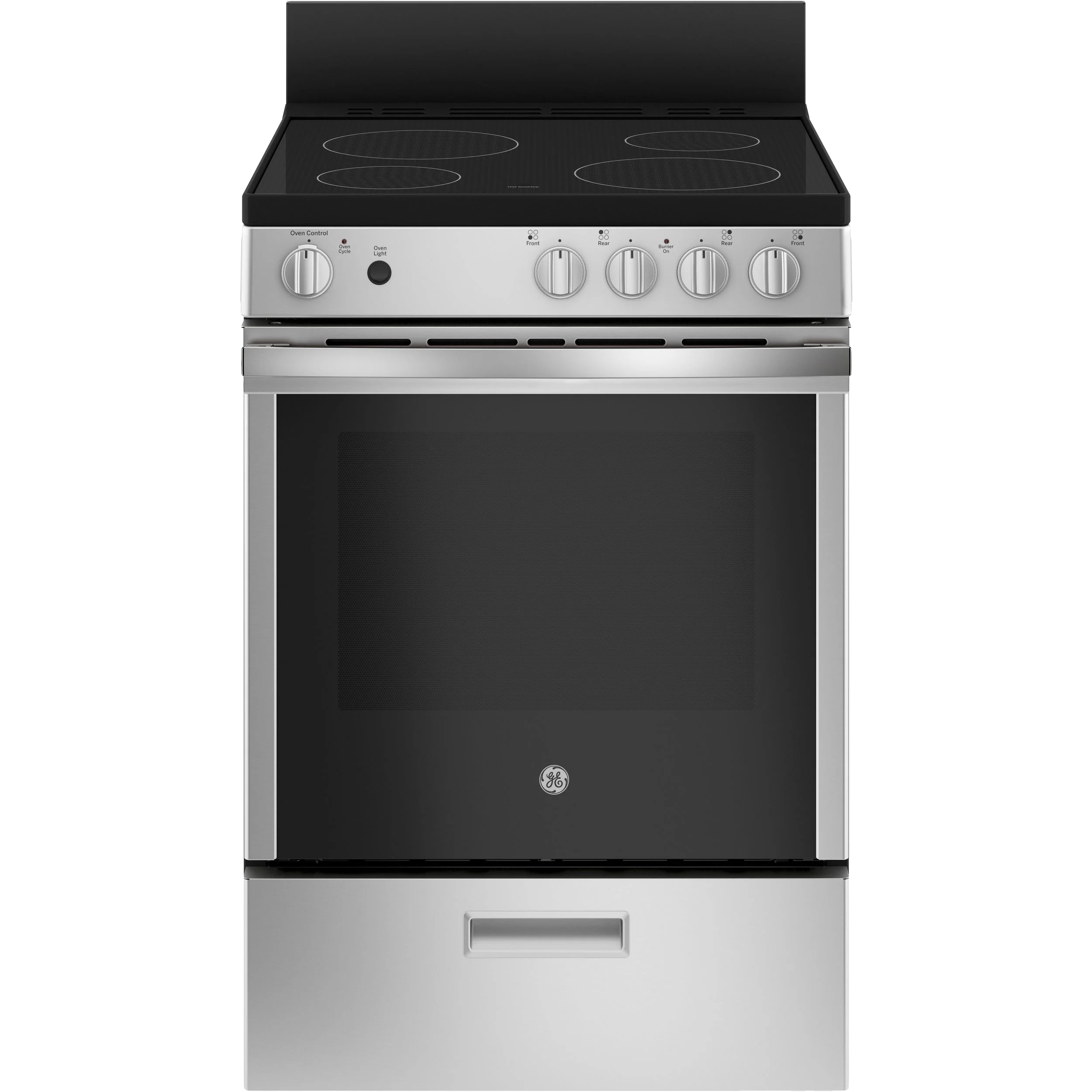 Prestigious GE® ENERGY STAR® 24 -Standing Slide-in Front Control Range with Steam Clean and Large Window Efficient
