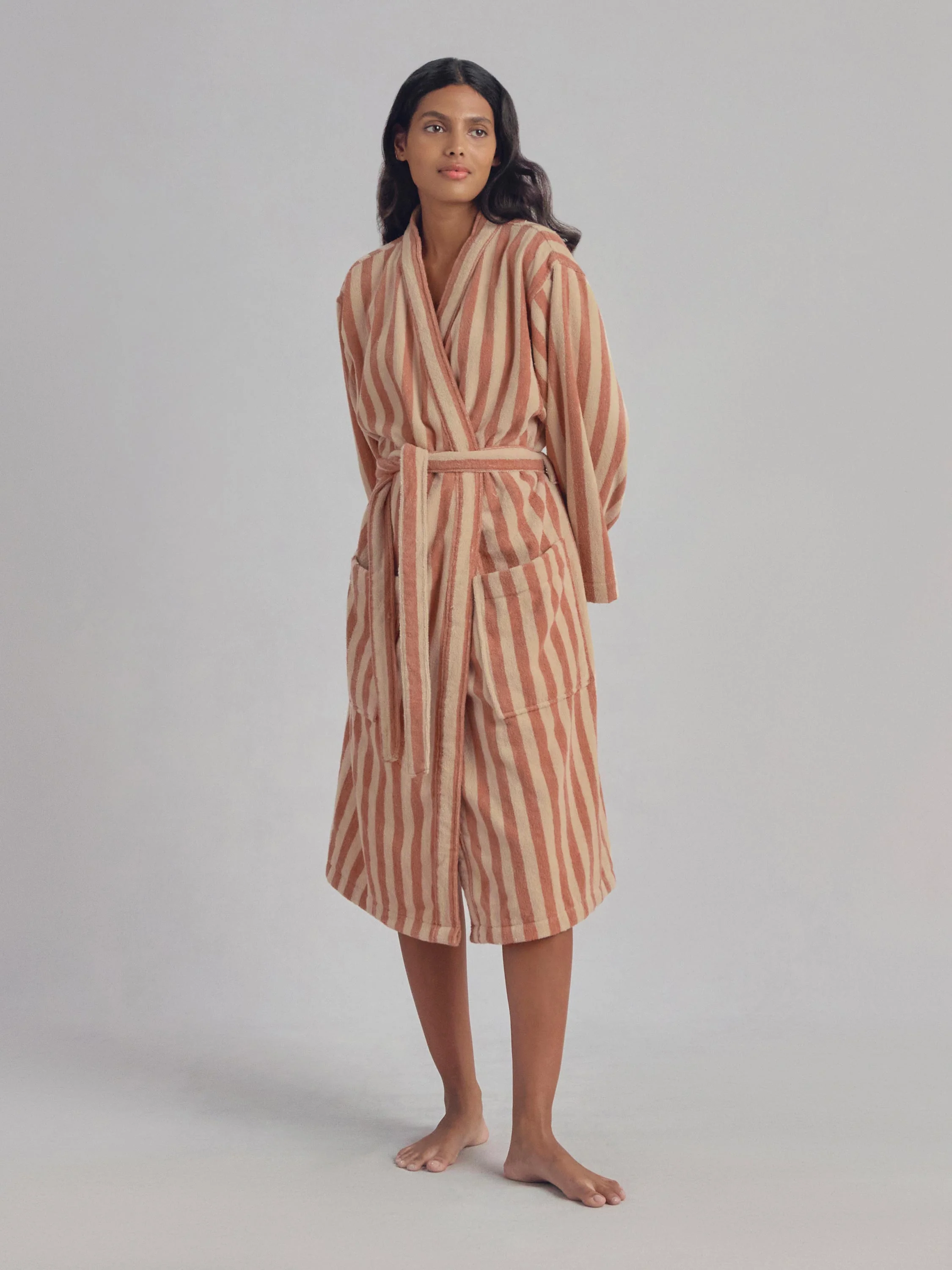 High-End Sand Shell Pembroke Stripe Cotton Robe Enhanced