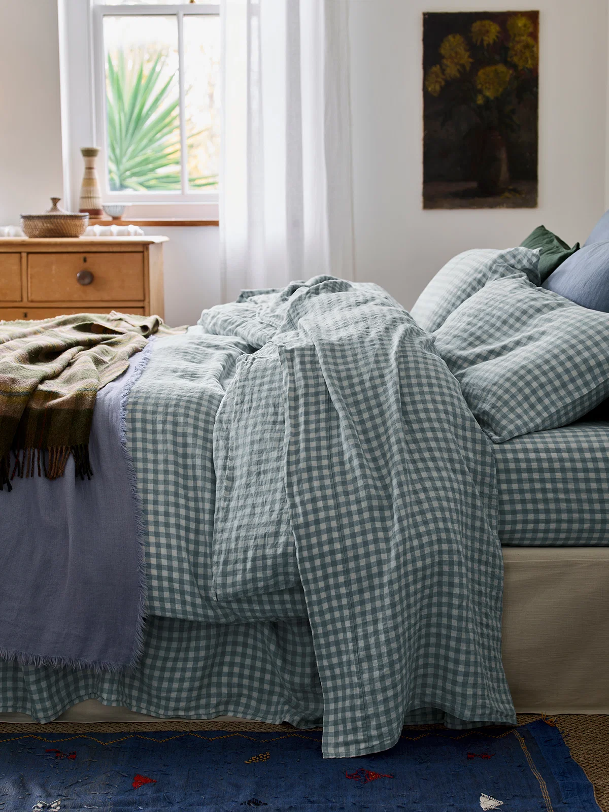 Soft Warm Blue Gingham Linen Blend Flat Sheet Quality