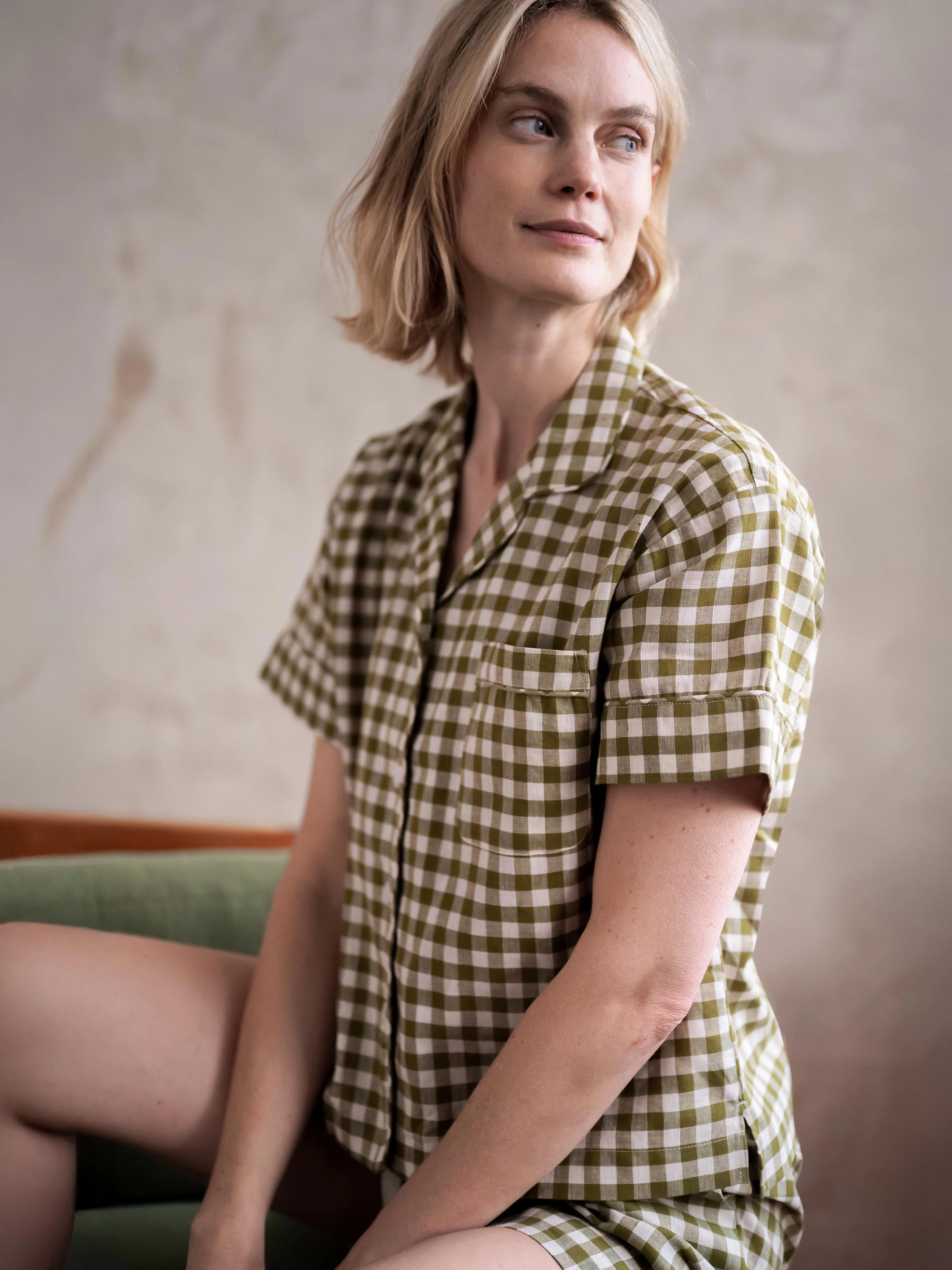 Pure Botanical Green Gingham Linen Blend Pyjama Short Set Comfortable