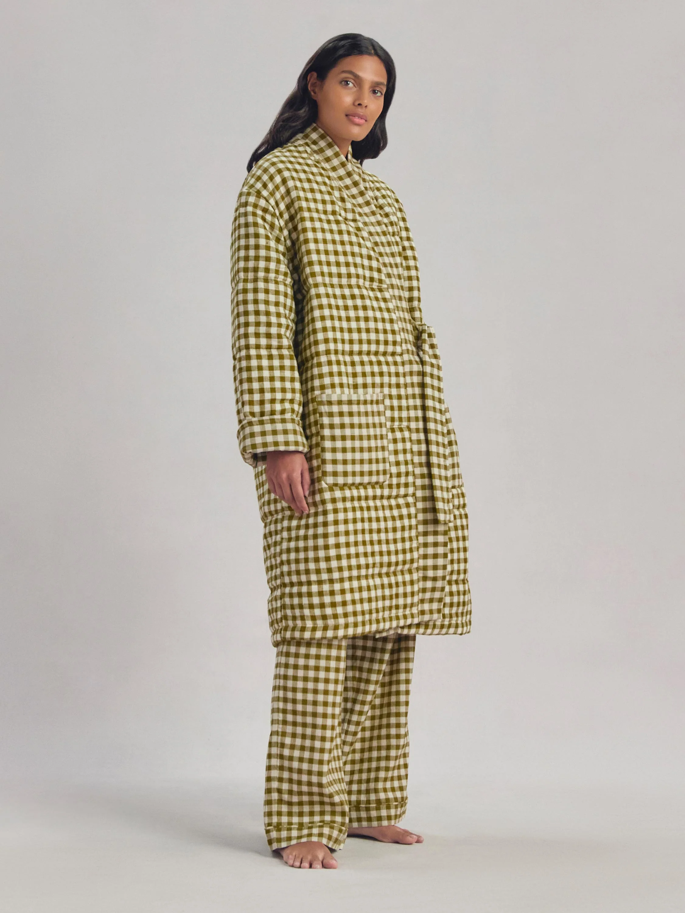 Flexible Botanical Green Gingham Linen Blend Housecoat Contemporary