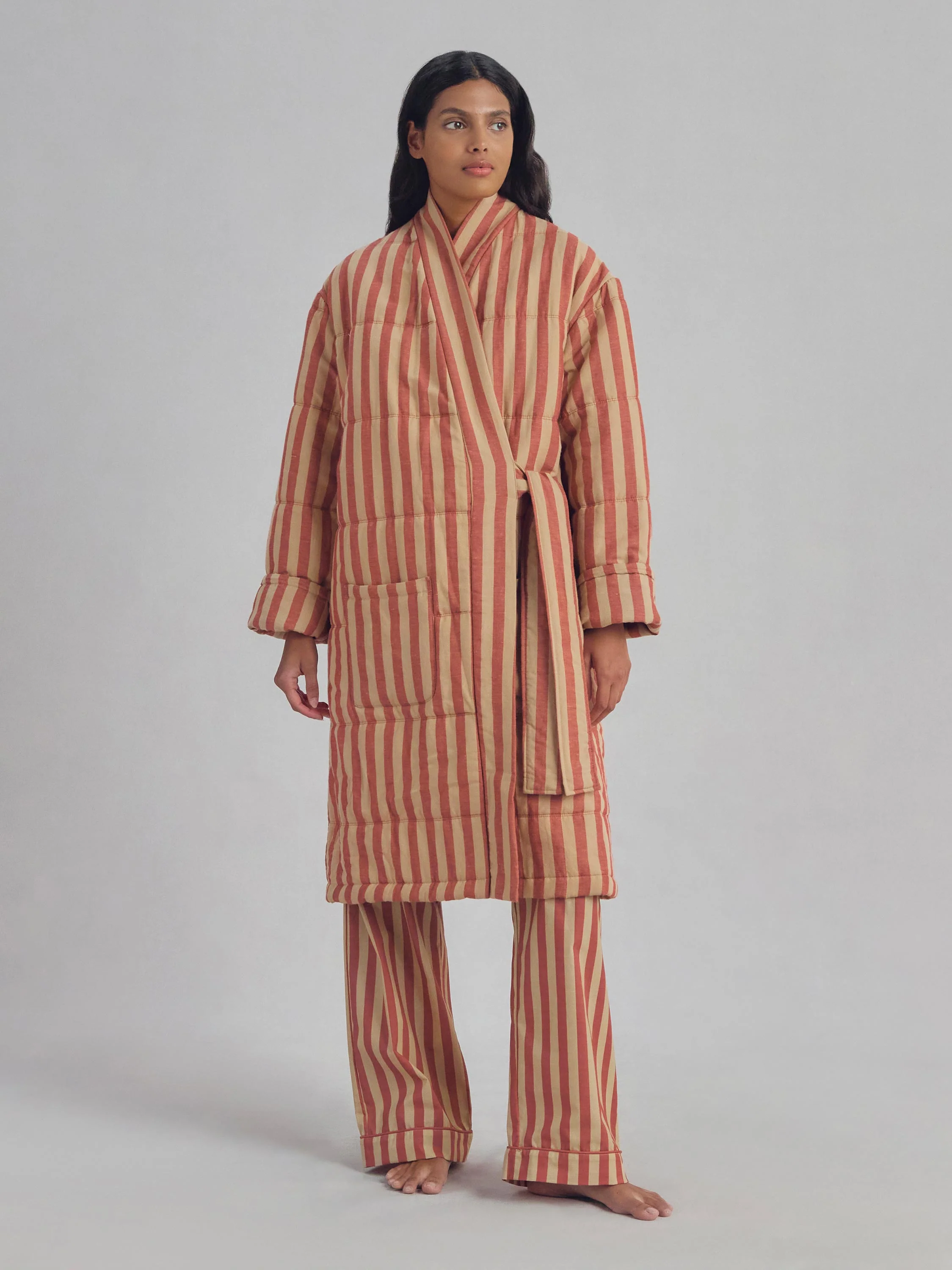Sophisticated Sandstone Red Pembroke Stripe Linen Blend Housecoat World-Class