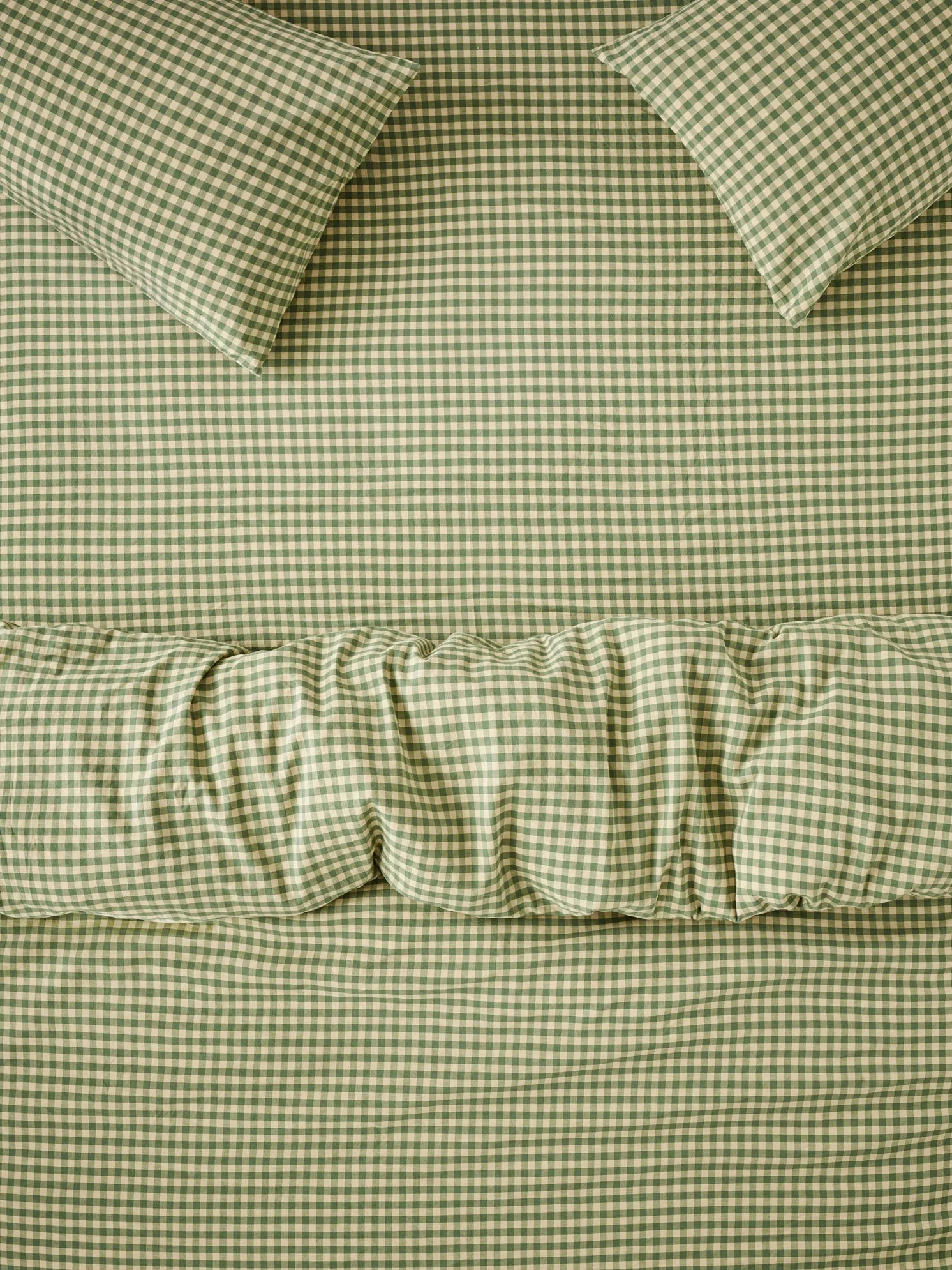 Elegant Elm Green Butter Yellow Colour Drenched Gingham Linen Blend Fitted Sheet Sophisticated