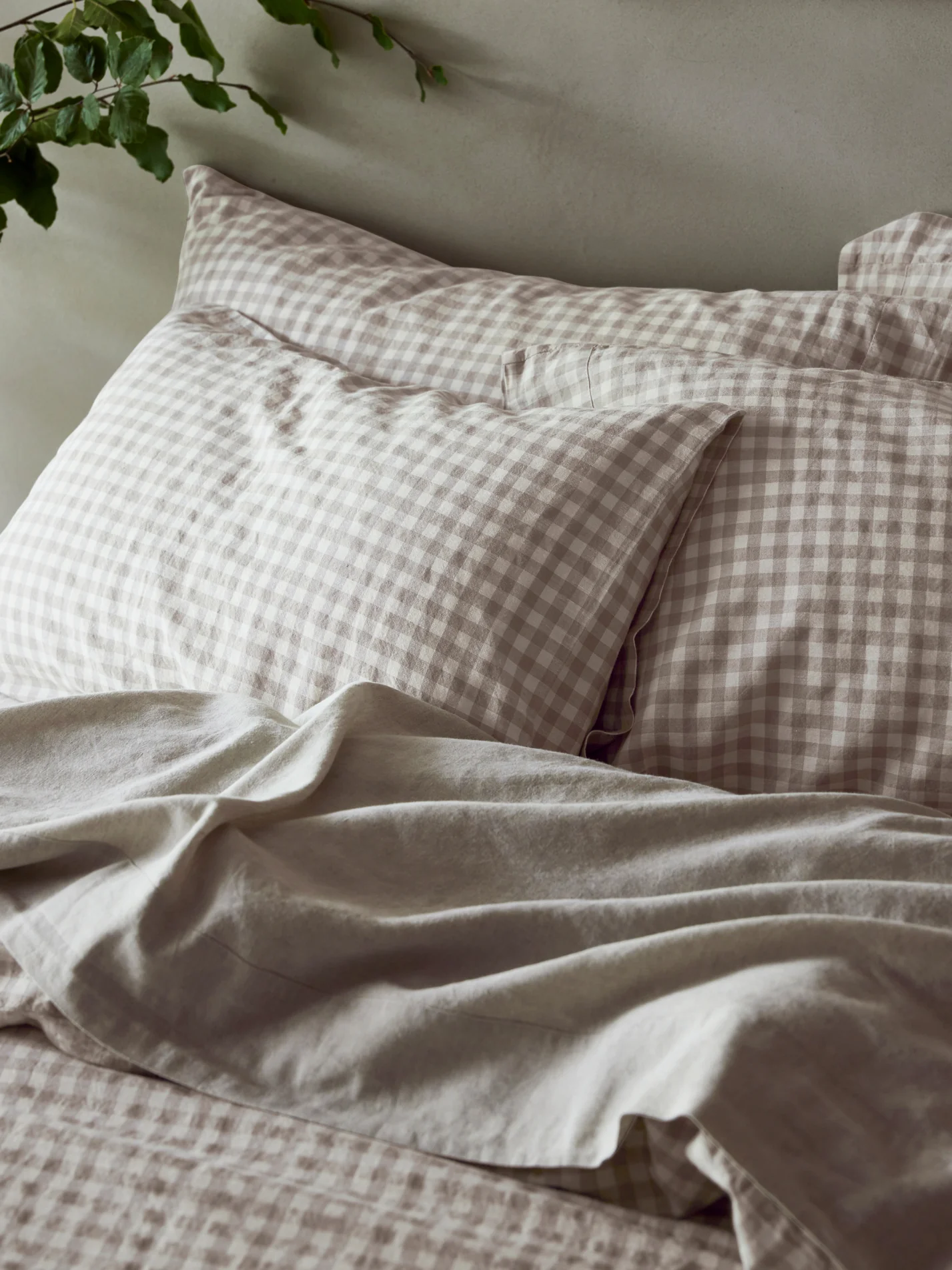 Original Mushroom Gingham Linen Blend Square Pillowcases Pair Premium