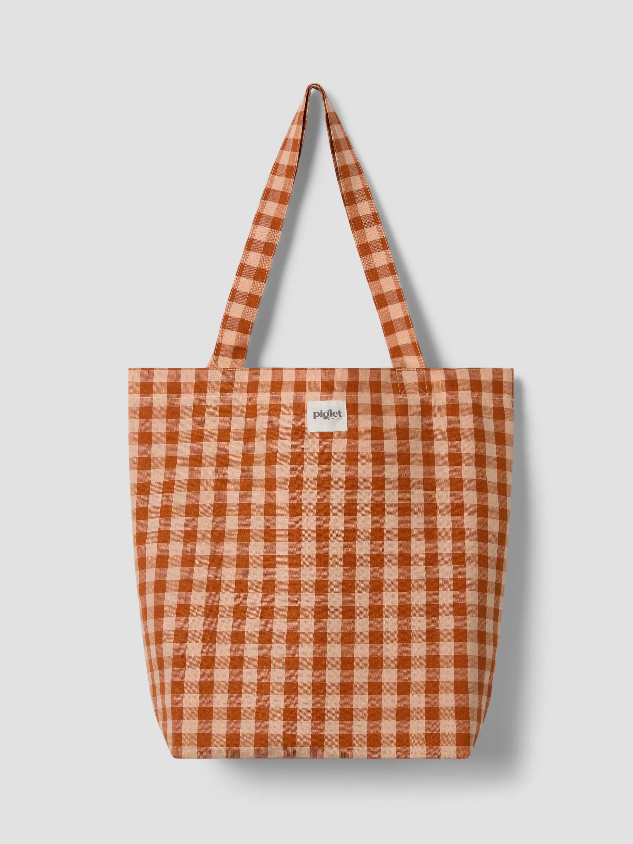 Minimalist Cinnamon Peach Colour Drenched Gingham Linen Blend Tote Bag Dependable