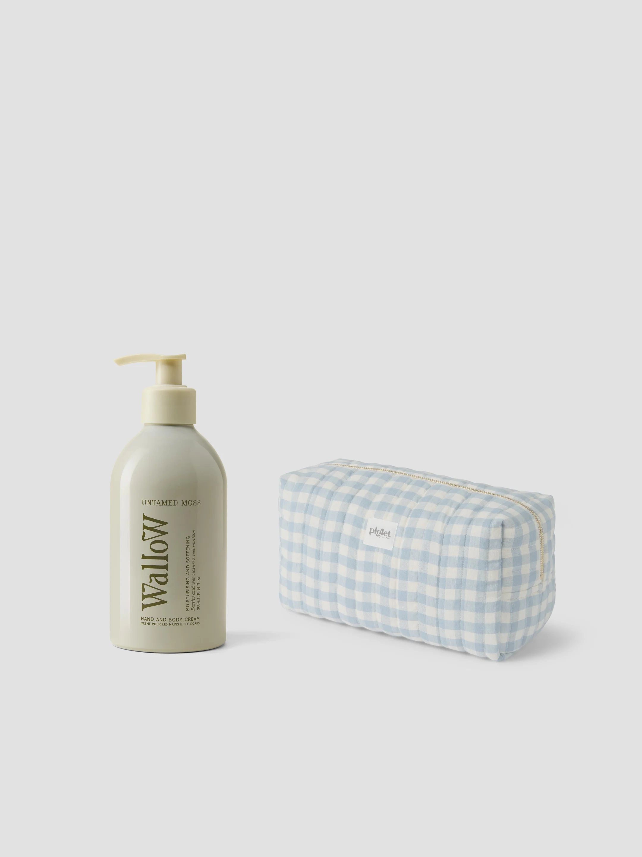 Relaxed Warm Blue Gingham Wash Bag Untamed Moss Hand Body Cream Bundle Exclusive
