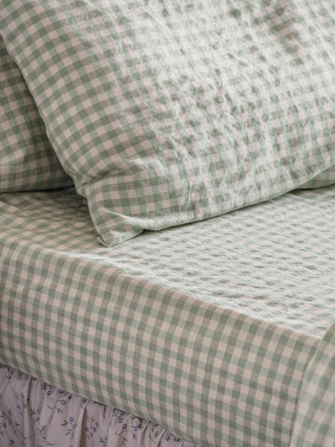 Soft Sage Green Gingham Linen Blend Fitted Sheet Trusted