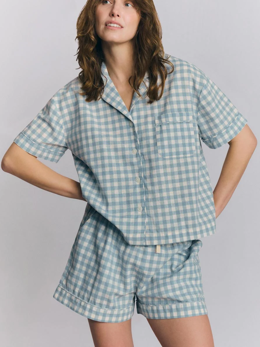 Verified Warm Blue Gingham Linen Blend Pyjama Short Set World-Class
