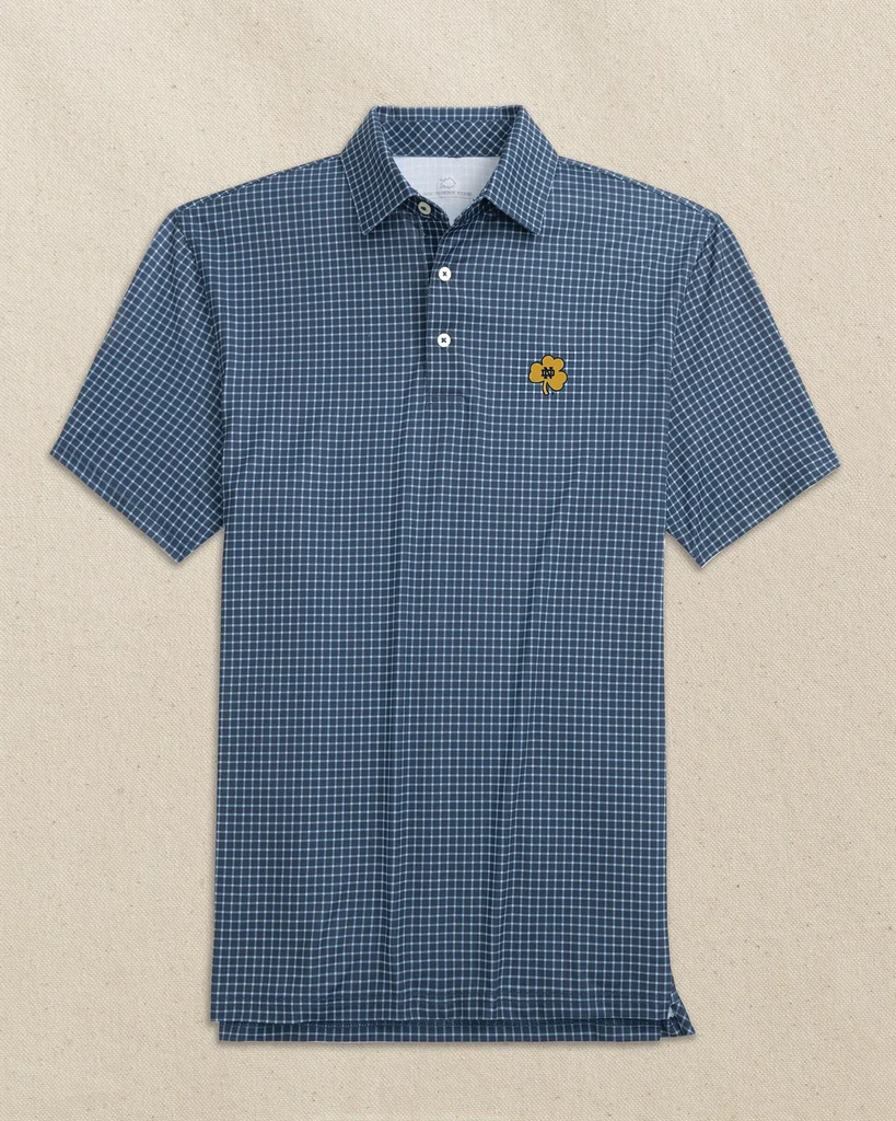 Eco-Friendly Notre Dame Shamrock Driver Dunes Edge Plaid Polo Detailed