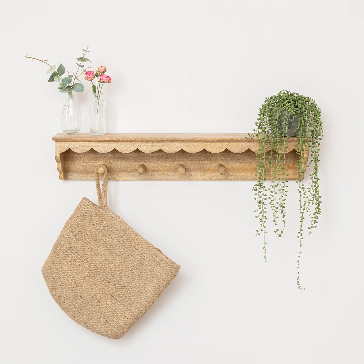 Functional Natural Mango Wood Scalloped Edge Coat Peg Rail Hooks with Shelf – 80cm Pure