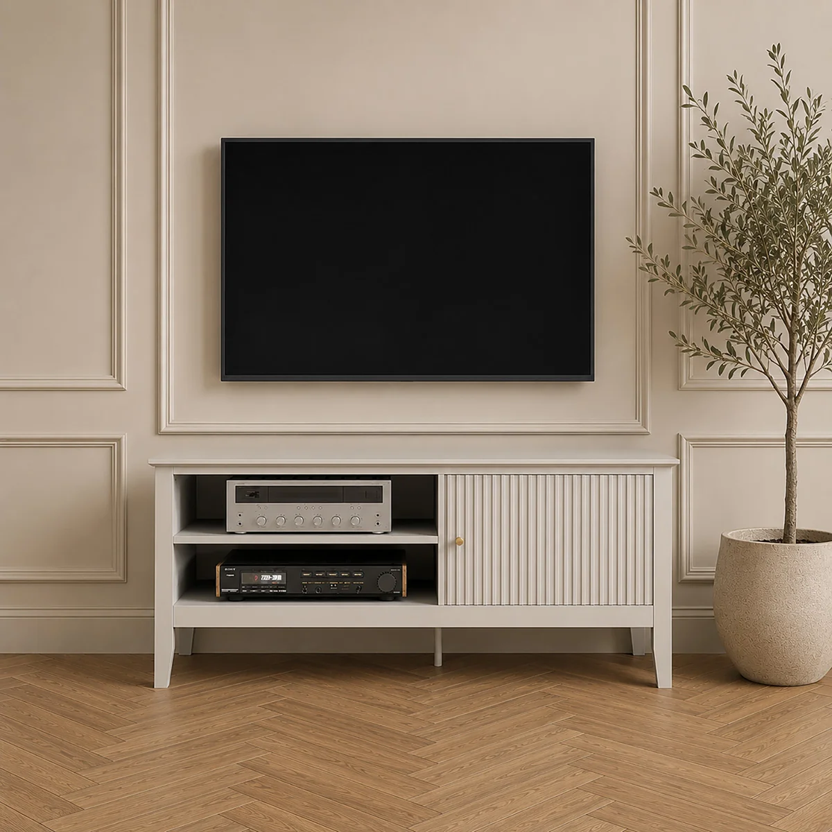 Premium Large Taupe Wooden Fluted TV Cabinet Media Unit – 120cm x 50cm 47 TV’s – Hales Taupe Range Exceptional