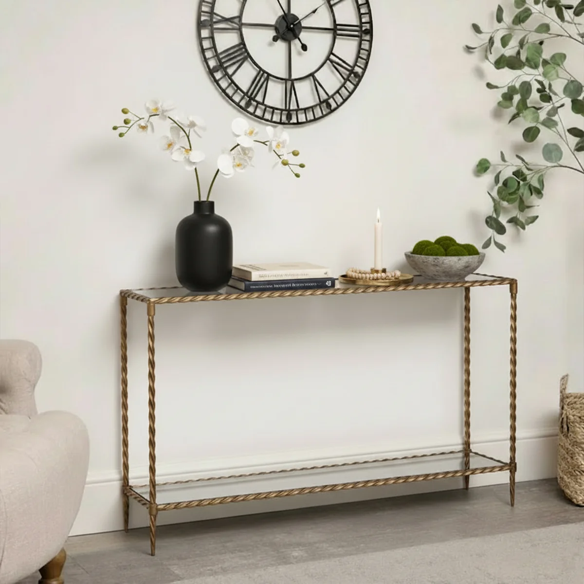 Comfortable Large Antique Gold Glass Twist Metal Console Table Classic