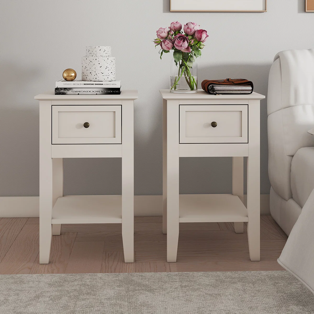 Carefully Designed Pair of One Drawer Bedside Tables – Rowley Pale Cream Range Minimalist