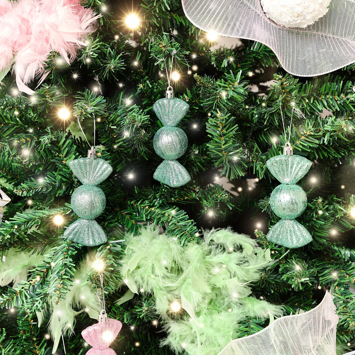 User-Friendly Set of 3 Sage Green Glitter Sweet Shaped Bauble Decorations – 11cm Premium