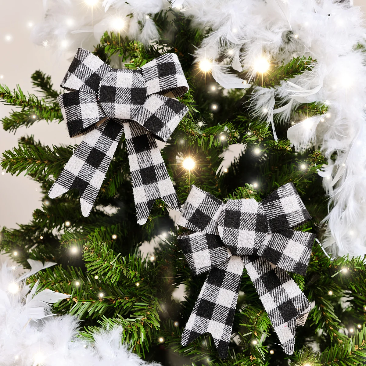 Refined Set of 2 Black White Checked Bow Decorations – 17cm Professional