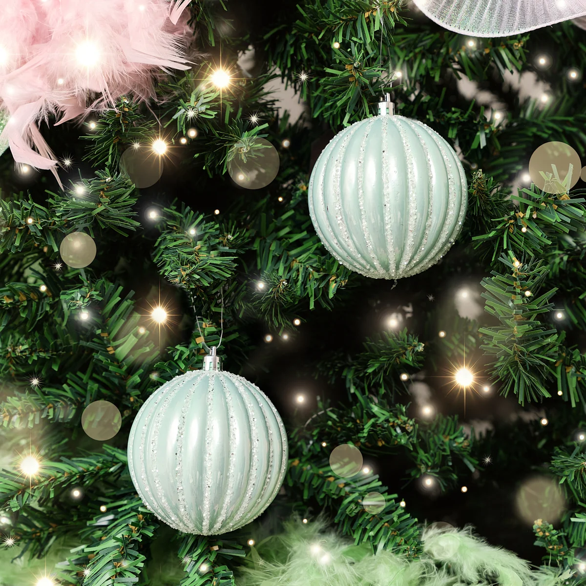 Expertly Made Set of 2 Icy Blue Glitter Striped Reeded Hanging Baubles – 8cm Long-Lasting