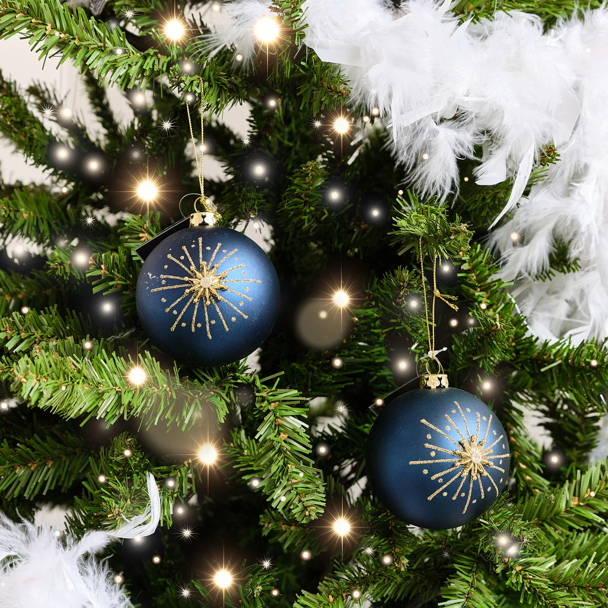 Superior Set of 2 Navy Blue Gold Glittered Starburst Baubles – 8cm Next-Generation