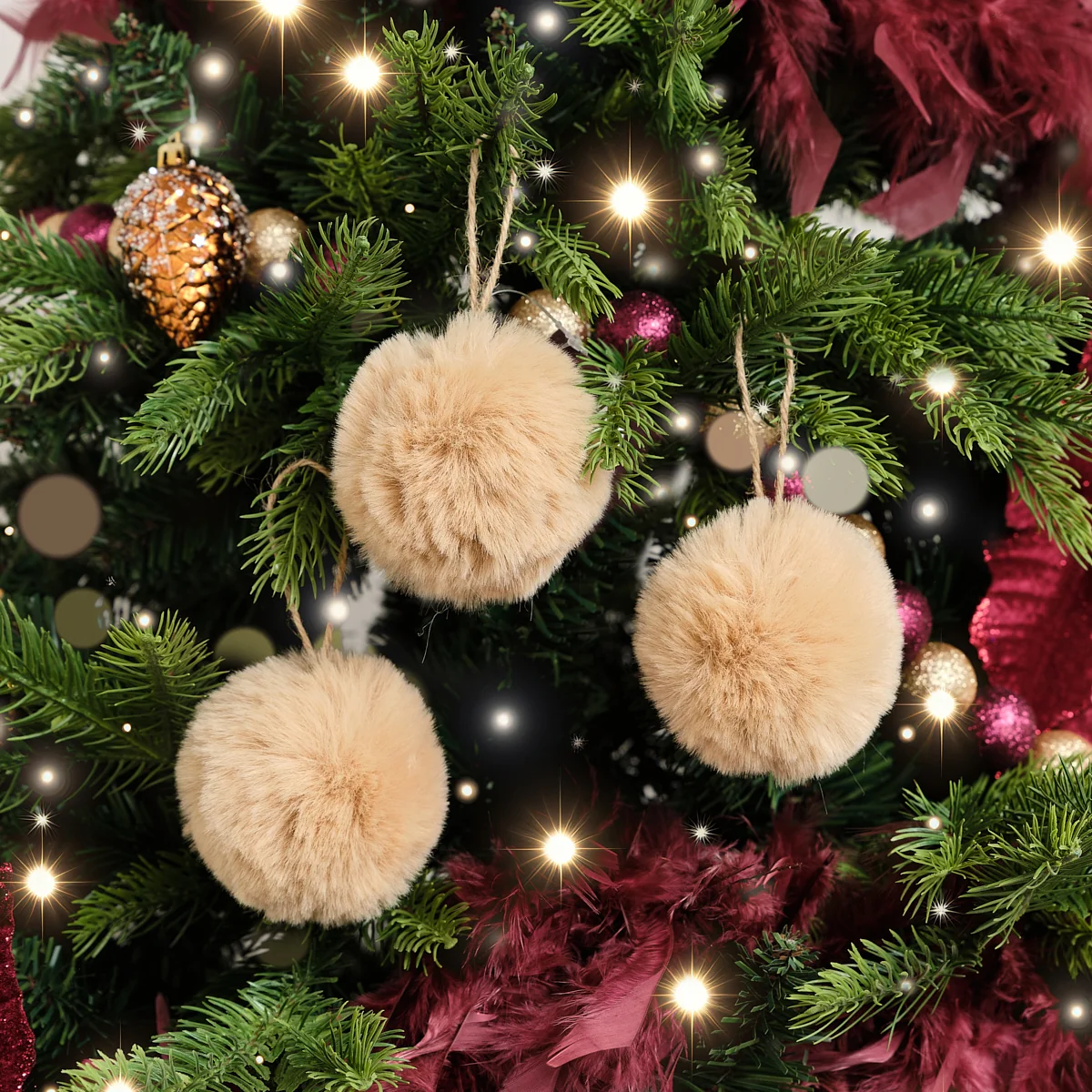 Superior Set of 3 Small Beige Faux Fur Baubles – 7.5cm Minimalist