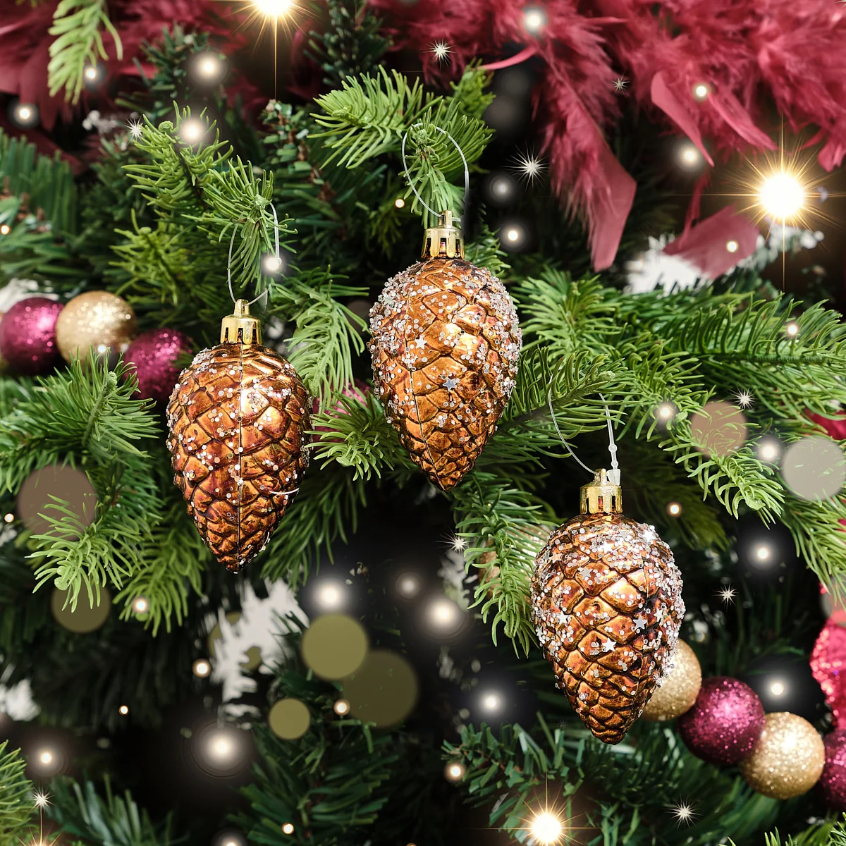 Organic Set of 3 Gold Bronze Sequin Pinecone Bauble Decorations – 6.5cm Enhanced