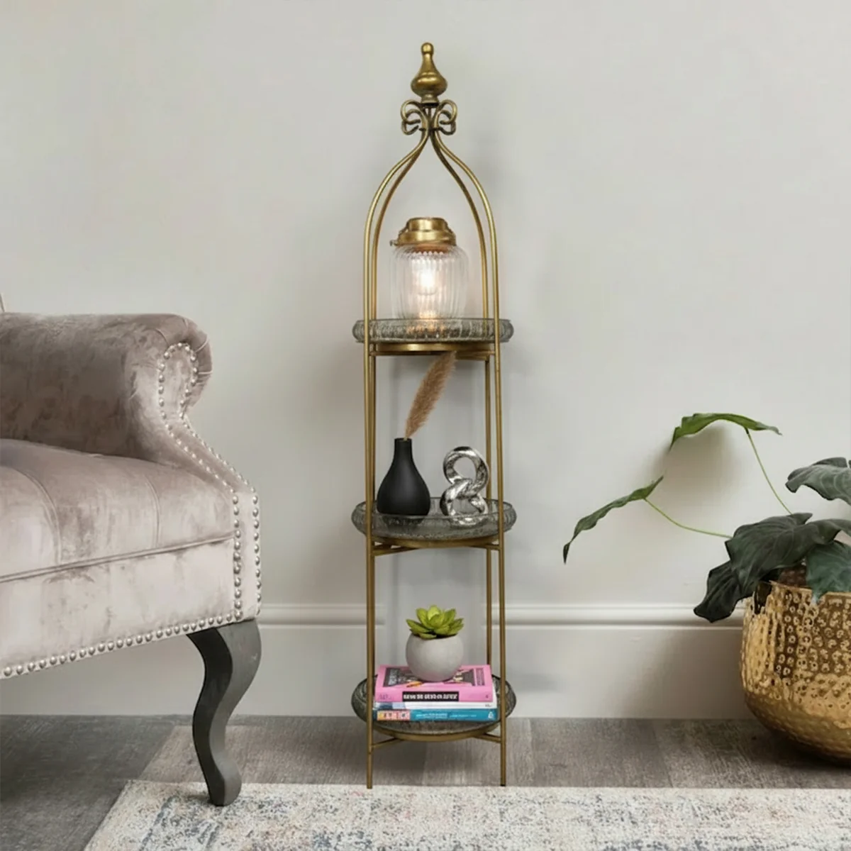 Innovative Antique Gold Three Tier standing Shelf Relaxed
