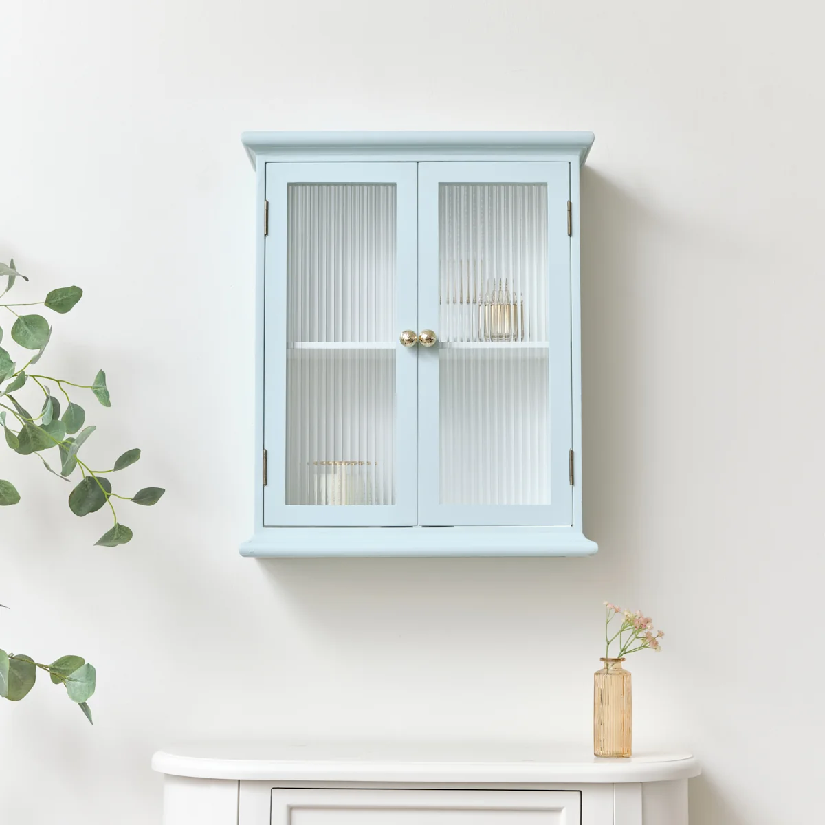 Classic Duck Egg Blue Reeded Glass Wall Cabinet Convenient