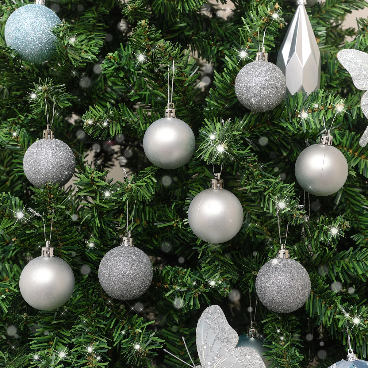 Unique Set of 8 Mixed Silver Glitter Baubles Organic