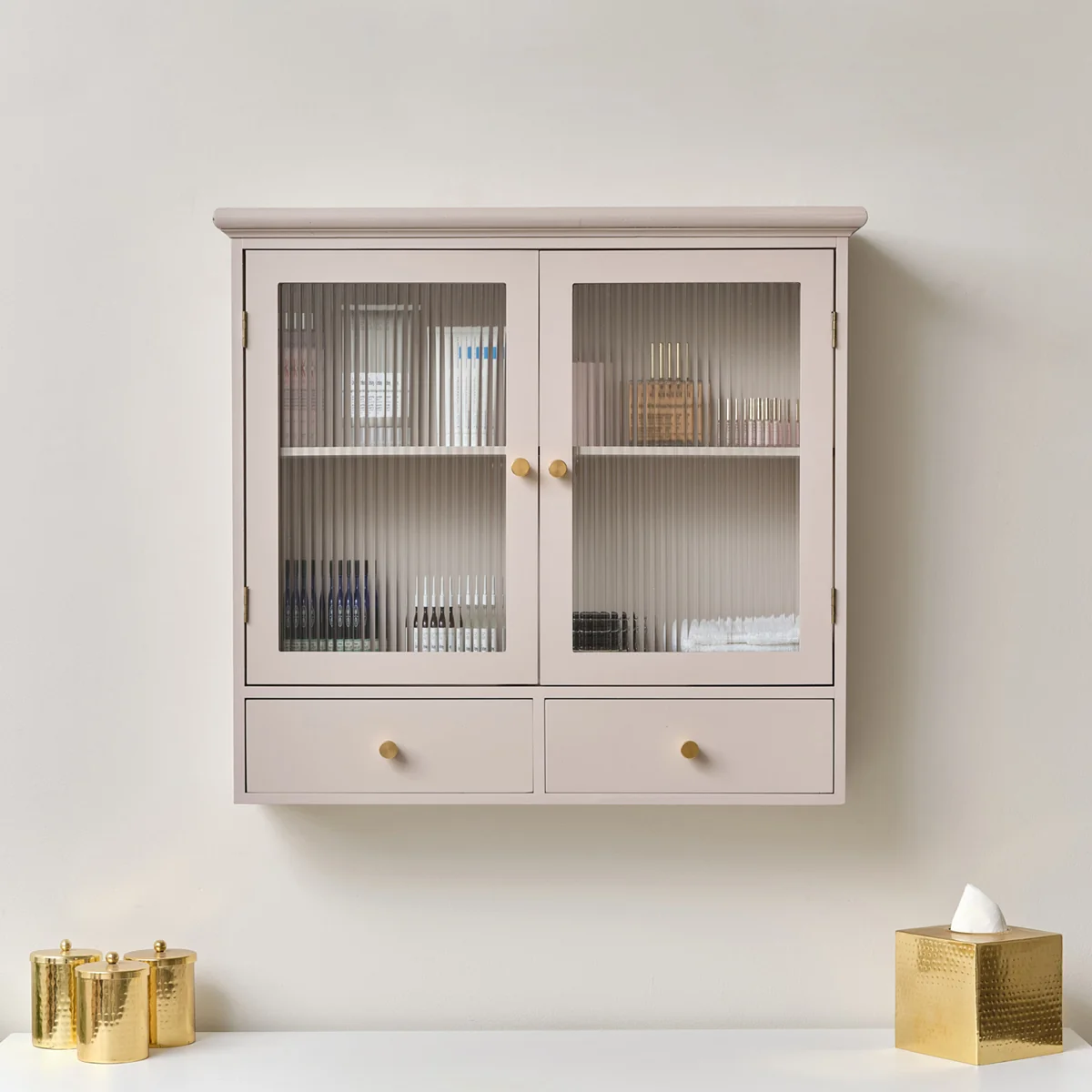 Selected Pink Reeded Glass Wall Cabinet with Drawers Refined