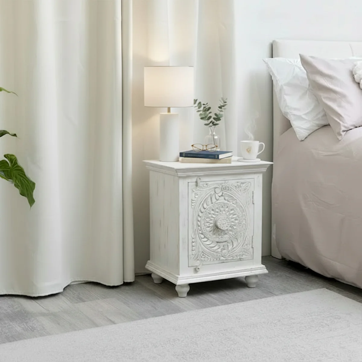 Contemporary White Distressed Bedside Cabinet Superior