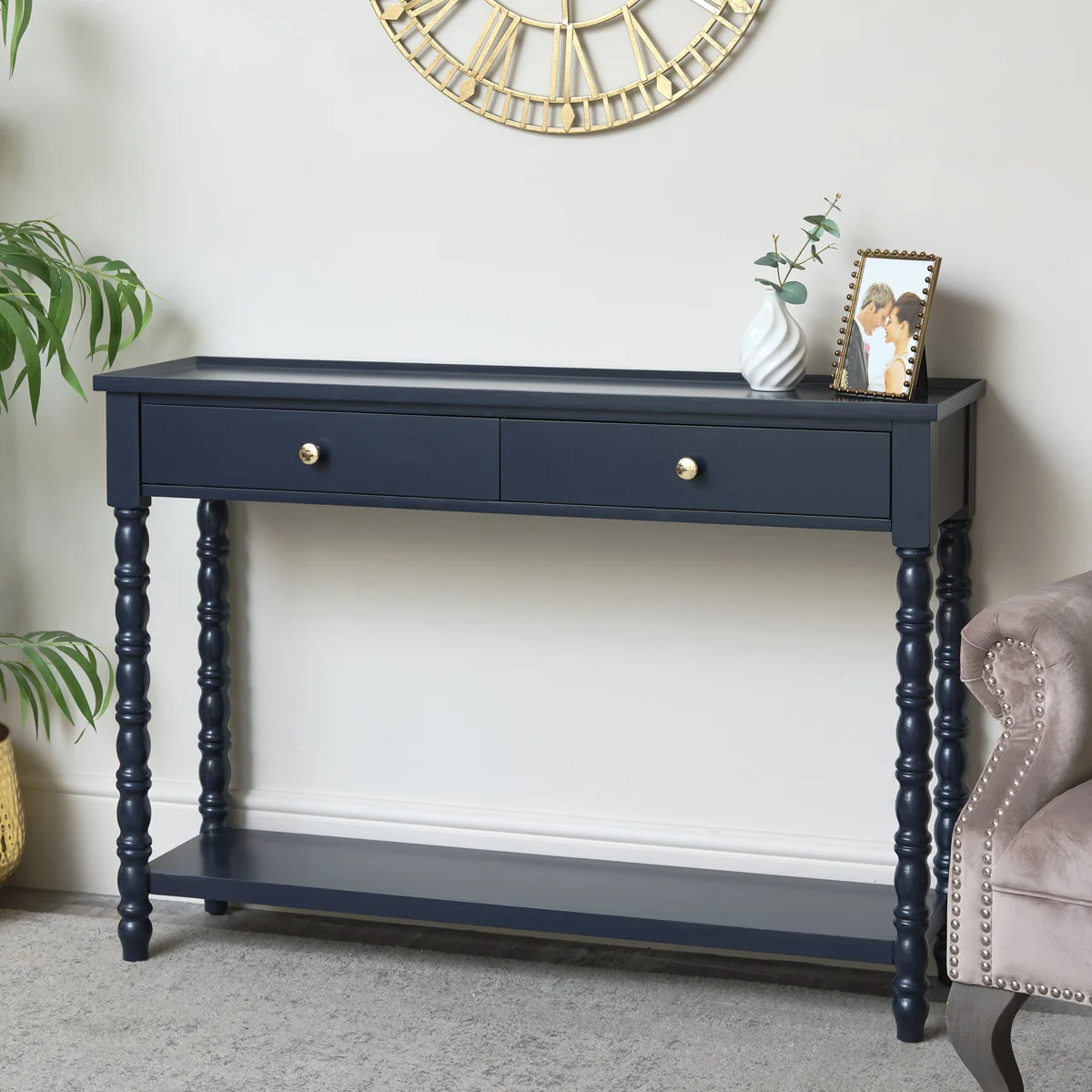Consistent Navy Blue Bobble 2 Drawer Console Table 110cm x 78cm Traditional
