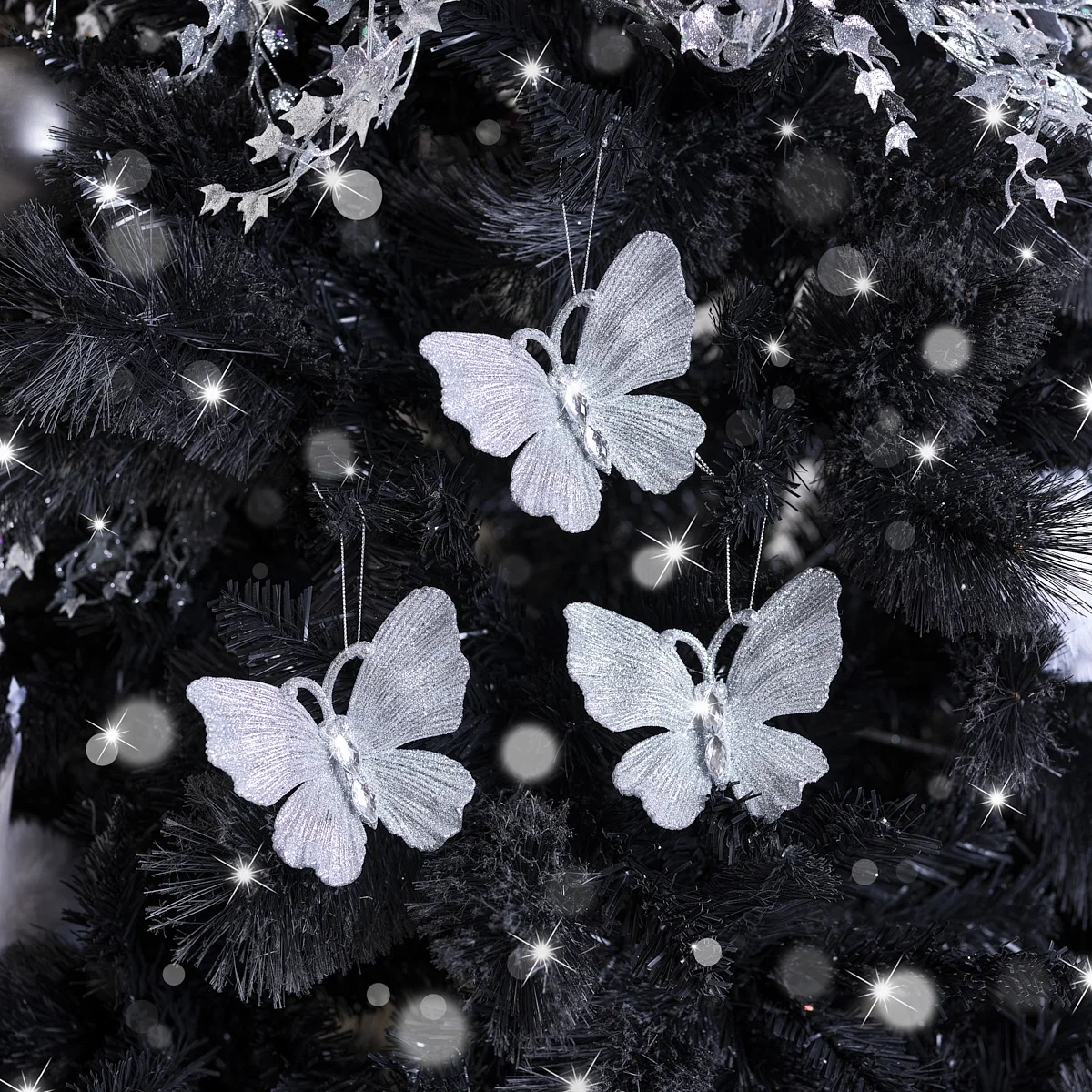 Breathable Set of 3 Silver Glitter Jewelled Butterfly Christmas Decorations – 10cm Sophisticated