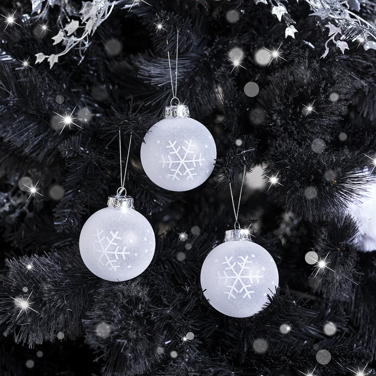 Unique Set of 3 Round White Frosted Snowflake Christmas Baubles – 8cm Functional