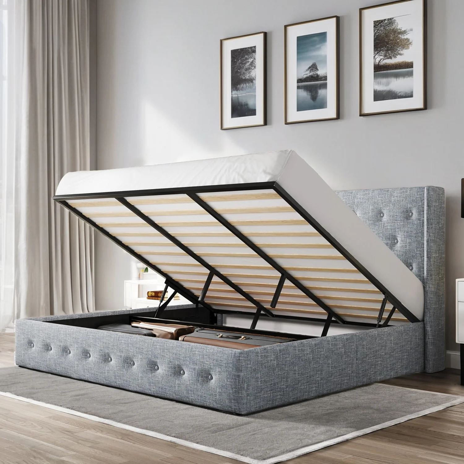 Fine Crafted Lift Up Storage Bed Frame Hydraulic Storage with Buttons Tufted Headboard No Box Spring RequiredLift Up Storage Bed Frame Hydraulic Storage with Buttons Tufted Headboard No Box Spring Required Exceptional