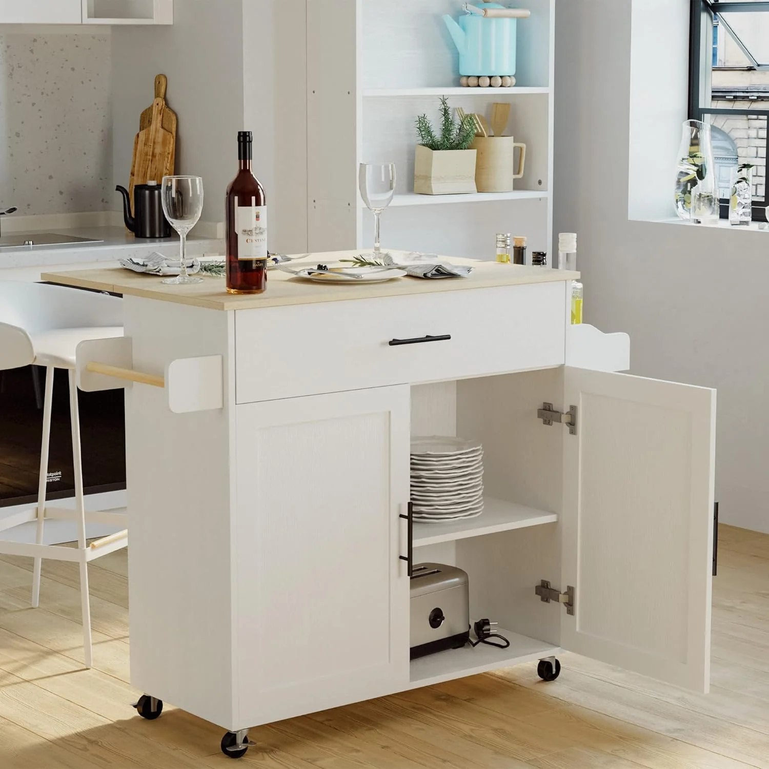 Practical Rolling Kitchen Island Table on Wheels with Drop Leaf and Towel RackRolling Kitchen Island Table on Wheels with Drop Leaf and Towel Rack Refined