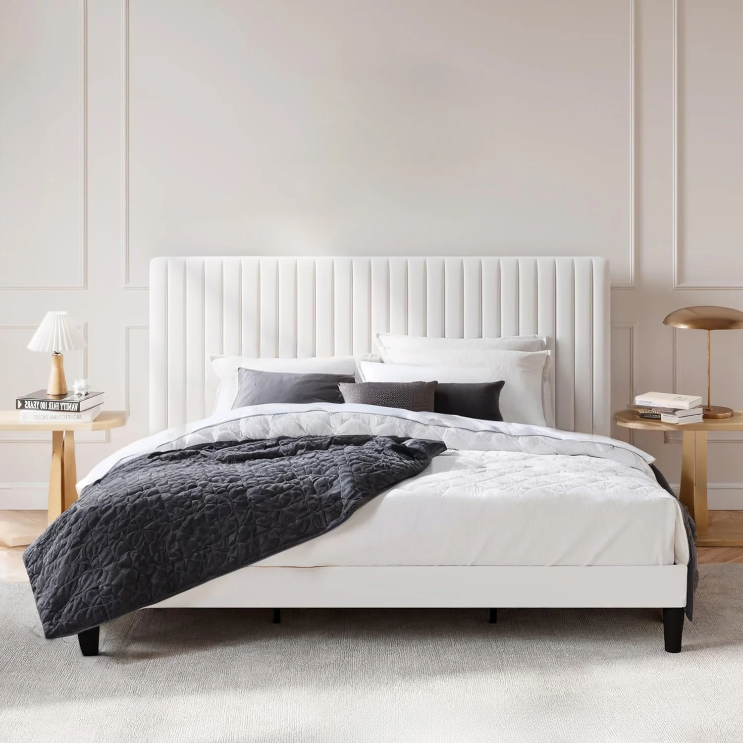 User-Friendly Velvet Upholstered Platform Bed Frame with Vertical Line Tufted Wingback Headboard Strong Wooden Slats and No Box Spring NeededVelvet Upholstered Platform Bed Frame with Vertical Line Tufted Wingback Headboard Strong Wooden Slats and No Box Spring Needed Organic