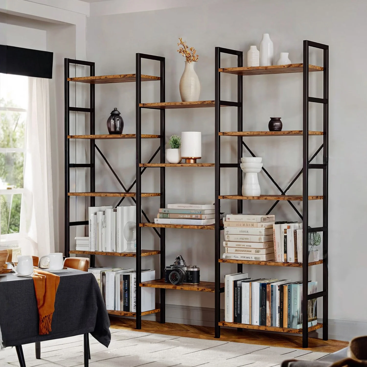 Modern Large Etagere Bookcases Bookshelves 3 Wide 5 Tiers Industrial Bookshelf Open Display ShelvesLarge Etagere Bookcases Bookshelves 3 Wide 5 Tiers Industrial Bookshelf Open Display Shelves Smart