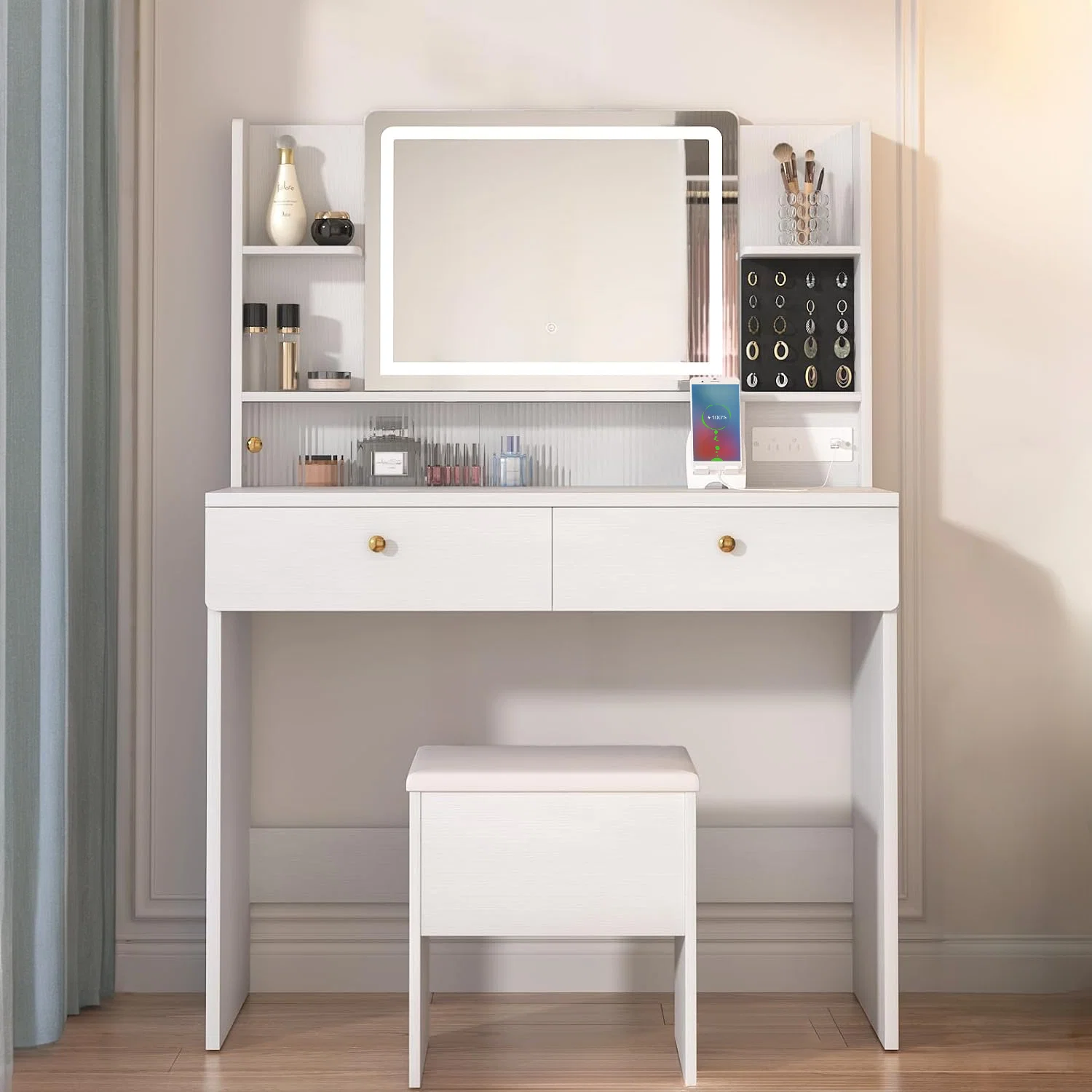 Long-Lasting Vanity Desk Set with Large LED Mirror Vanity Table with Storage Bench Power Outlet Drawers Lovely Phone HolderVanity Desk Set with Large LED Mirror Vanity Table with Storage Bench Power Outlet Drawers Lovely Phone Holder Innovative