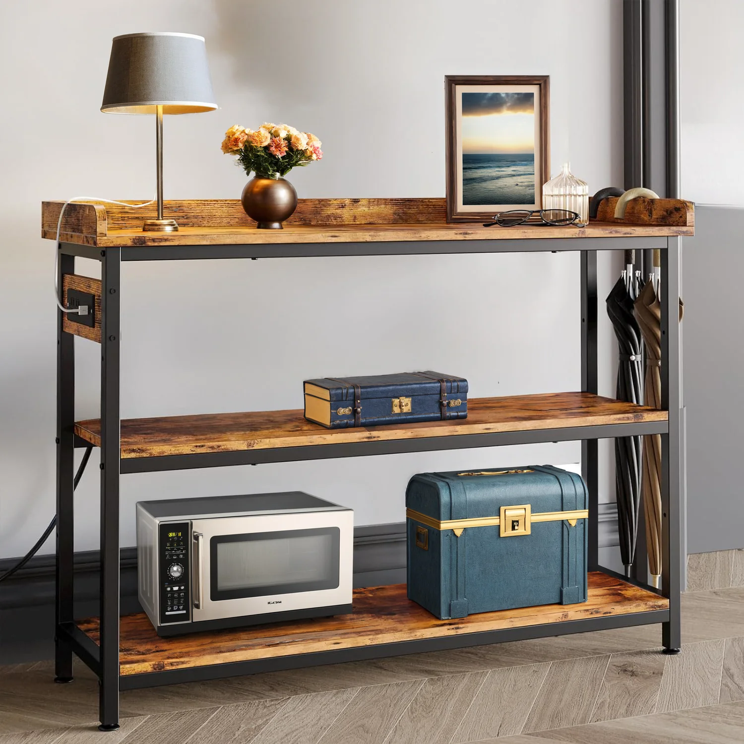 Elegant 43 Height Adjustable Console Table with Power Outlet for Entryway Living Room Rustic Brown43 Height Adjustable Console Table with Power Outlet for Entryway Living Room Rustic Brown Authentic