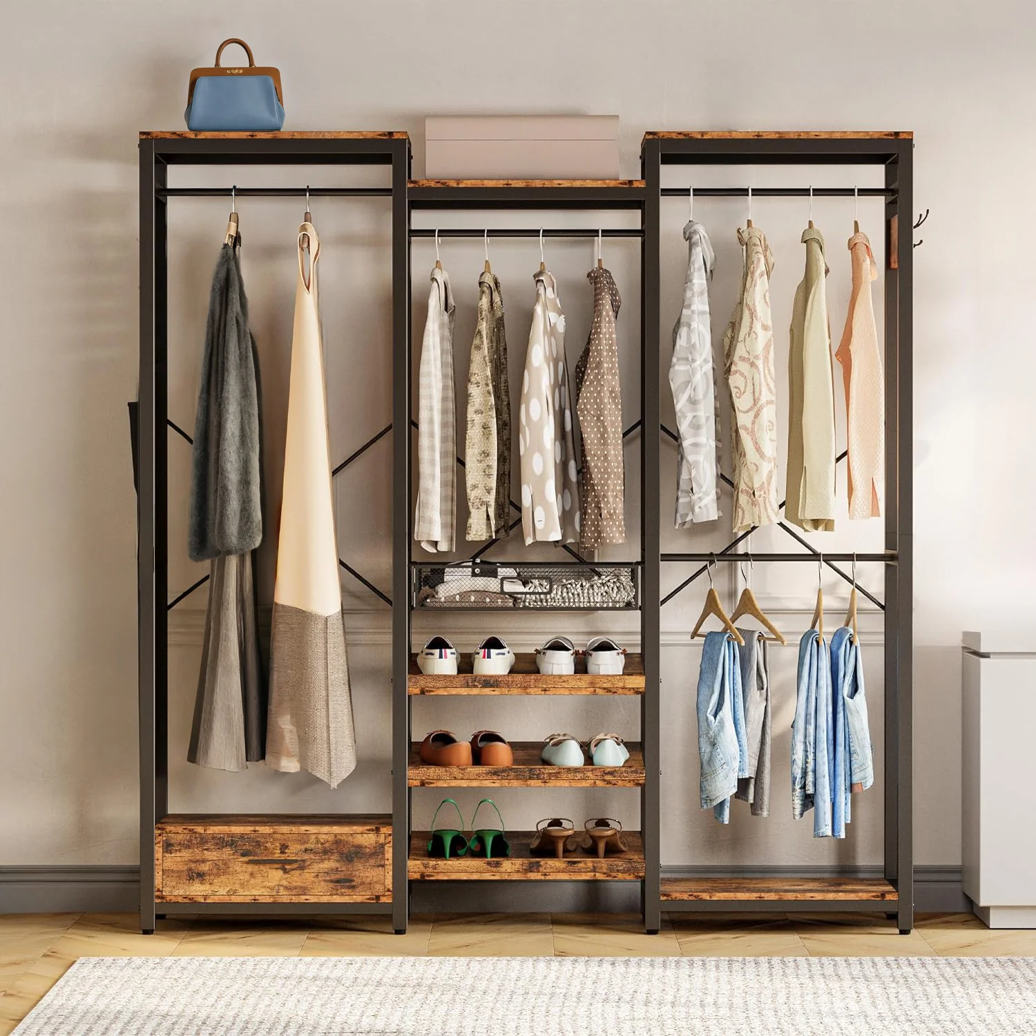 Dependable Clothes Rack Garment Rack with Hanging Rods Shelves and Storage DrawerClothes Rack Garment Rack with Hanging Rods Shelves and Storage Drawer Prestigious