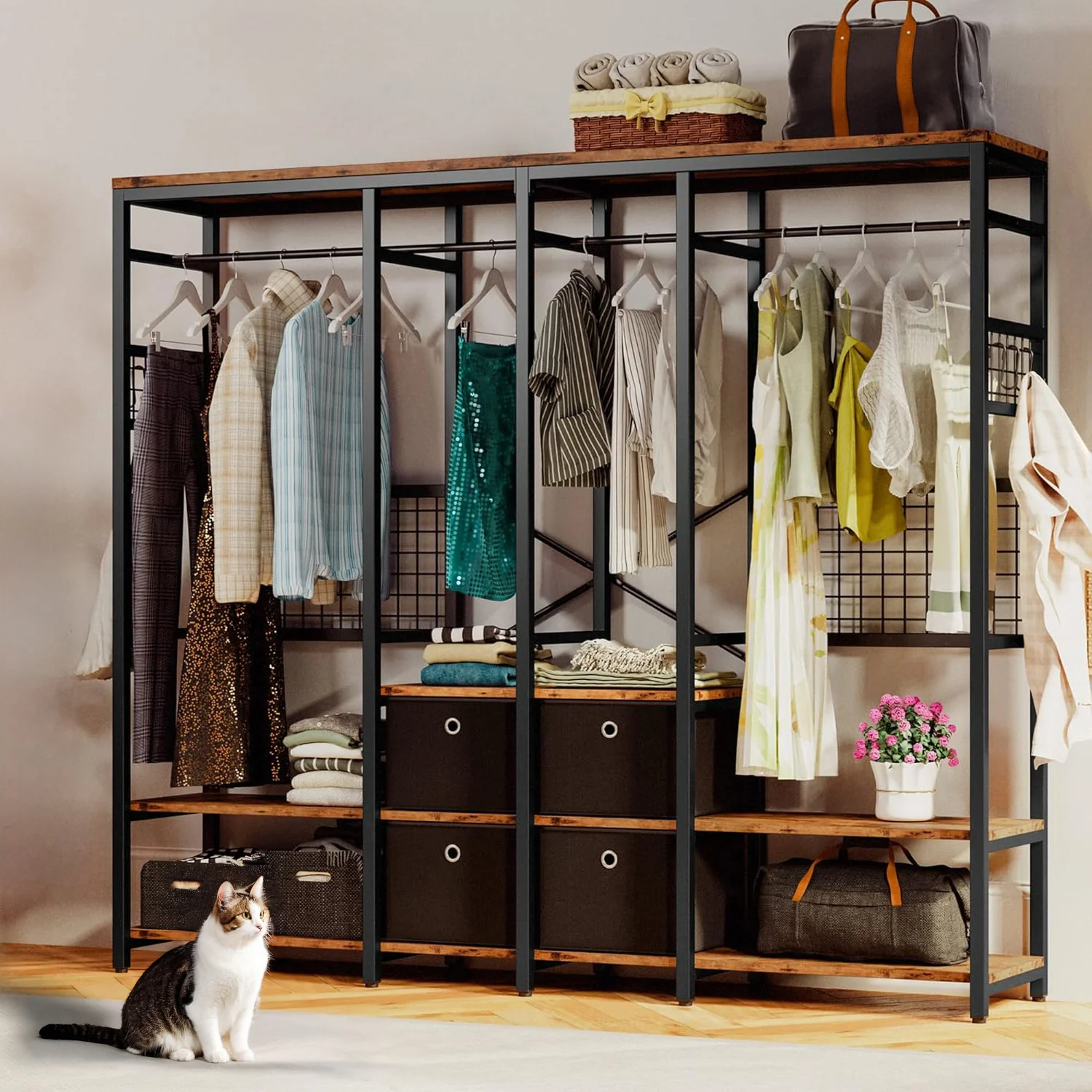 Fast Heavy Duty Closet Hanger with Shelves 4 Drawers and 8 Hooks Vintage BrownHeavy Duty Closet Hanger with Shelves 4 Drawers and 8 Hooks Vintage Brown Versatile
